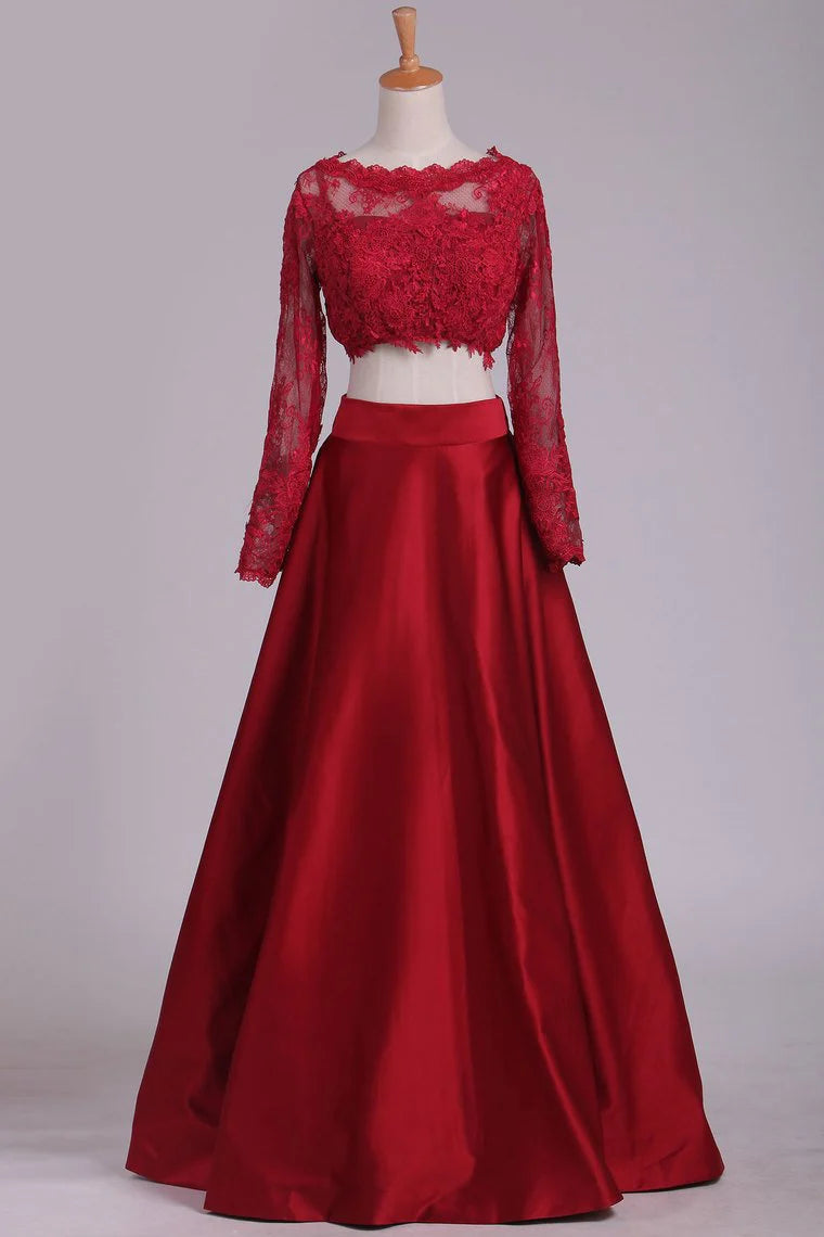 Long Sleeves Two-Piece Bateau Party Dresses Floor Length Satin